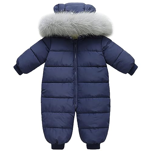 L SERVER Schneeanzug Baby Jungen Warmer Winteroverall Mädchen Fleece Dicke Skianzug Winddichter Schneeoverall mit Fellkragenkapuze, Marineblau, 92-98 von L SERVER