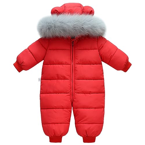 L SERVER Schneeanzug Baby Jungen Warmer Winteroverall Mädchen Fleece Dicke Skianzug Winddichter Schneeoverall mit Fellkragenkapuze, Rot, 92-98 von L SERVER