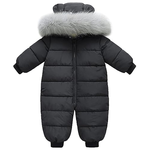 L SERVER Schneeanzug Baby Jungen Warmer Winteroverall Mädchen Fleece Dicke Skianzug Winddichter Schneeoverall mit Fellkragenkapuze, Schwarz, 92-98 von L SERVER