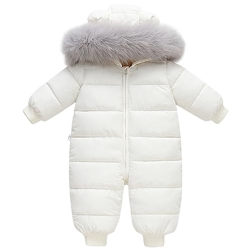 L SERVER Schneeanzug Baby Jungen Warmer Winteroverall Mädchen Fleece Dicke Skianzug Winddichter Schneeoverall mit Fellkragenkapuze, Weiß, 86 von L SERVER