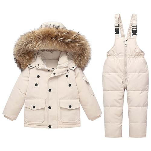 L SERVER Schneeanzug Kinder Jungen Leichter Daunen Skianzug Baby Mädchen Warme Skijacke + Skihose Stylische Skianzüge mit Fellkragen Kapuze, Beige, 104-110 von L SERVER