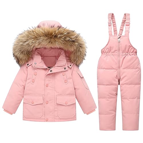 L SERVER Schneeanzug Kinder Jungen Leichter Daunen Skianzug Baby Mädchen Warme Skijacke + Skihose Stylische Skianzüge mit Fellkragen Kapuze, Rosa, 116 von L SERVER