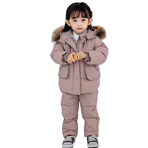 L SERVER Schneeanzug Kinder Jungen Warmes Daunenjacke Set Mädchen Skijacke + Skihose Winddichter Winter Skianzug mit Fellkragenkapuze, Rosa, 116 von L SERVER
