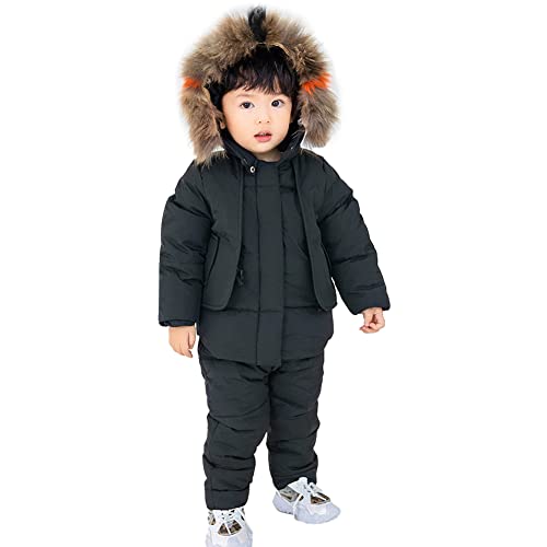 L SERVER Schneeanzug Kinder Jungen Warmes Daunenjacke Set Mädchen Skijacke + Skihose Winddichter Winter Skianzug mit Fellkragenkapuze, Schwarz, 122-128 von L SERVER