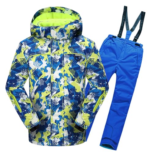 L SERVER Schneeanzug Kinder Jungen mit Kapuze Wind- und Wasserdichter Skianzug Mädchen Fleece Skianzug Zweiteilig Warme Skijacke + Skihose, Gelbe Jacke + blaue Hose, 158-164 von L SERVER
