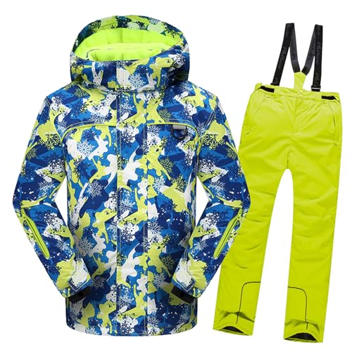 L SERVER Schneeanzug Kinder Jungen mit Kapuze Wind- und Wasserdichter Skianzug Mädchen Fleece Skianzug Zweiteilig Warme Skijacke + Skihose, Gelbe Jacke + gelbe Hose, 134-140 von L SERVER