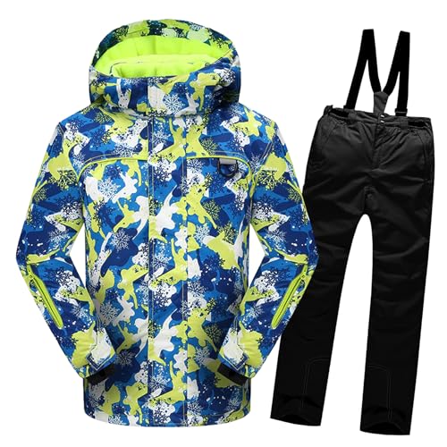 L SERVER Schneeanzug Kinder Jungen mit Kapuze Wind- und Wasserdichter Skianzug Mädchen Fleece Skianzug Zweiteilig Warme Skijacke + Skihose, Gelbe Jacke + schwarze Hose, 170-176 von L SERVER