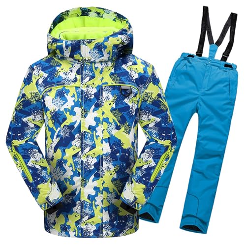 L SERVER Schneeanzug Kinder Jungen mit Kapuze Wind- und Wasserdichter Skianzug Mädchen Fleece Skianzug Zweiteilig Warme Skijacke + Skihose, Gelbe Jacke + seeblaue Hose, 170-176 von L SERVER