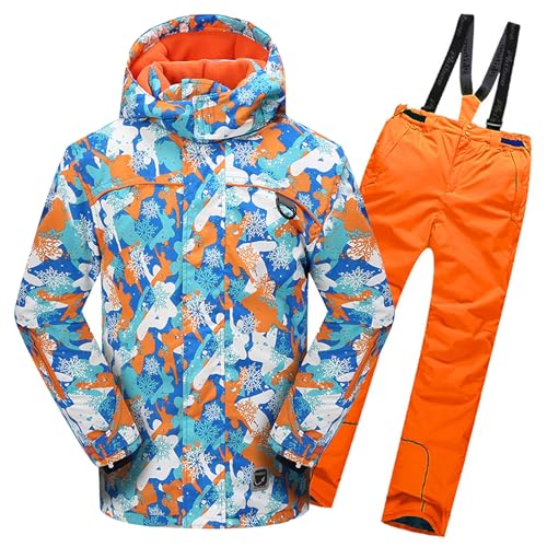L SERVER Schneeanzug Kinder Jungen mit Kapuze Wind- und Wasserdichter Skianzug Mädchen Fleece Skianzug Zweiteilig Warme Skijacke + Skihose, Orange Jacke + orange Hose, 158-164 von L SERVER