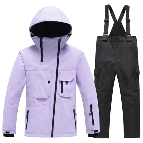 L SERVER Skianzug Jungen mit Kapuze Winddicht und Wasserdichter Schneeanzug Mädchen Skianzug Zweiteilig Kinder Warme Skijacke + Skihose, Hellviolett + Schwarz, 146 von L SERVER