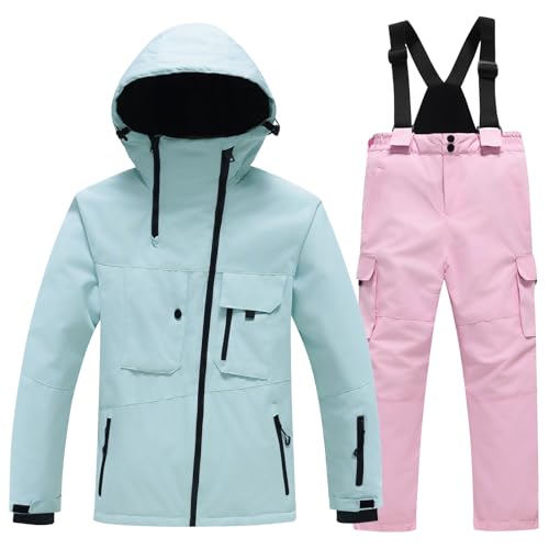L SERVER Skianzug Jungen mit Kapuze Winddicht und Wasserdichter Schneeanzug Mädchen Skianzug Zweiteilig Kinder Warme Skijacke + Skihose, Mintgrün + Hellrosa, 152-158 von L SERVER