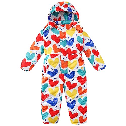 L SERVER Skianzug Kinder Mädchen mit Kapuze Winddichte und Wasserfeste Jungen Schneeanzug Dicke Warme Outdoor Skioverall, Herz, 116 von L SERVER