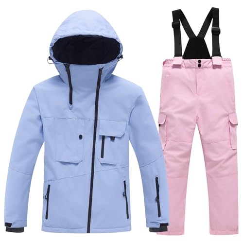 L SERVER Skianzug Mädchen mit Kapuze Winddicht und Wasserdichter Schneeanzug Jungen Skianzug Zweiteilig Kinder Warme Skijacke + Skihose, Dunstblau + Hellrosa, 122-128 von L SERVER