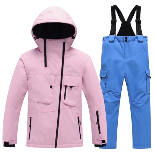 L SERVER Skianzug Mädchen mit Kapuze Winddicht und Wasserdichter Schneeanzug Jungen Skianzug Zweiteilig Kinder Warme Skijacke + Skihose, Hellrosa + Königsblau, 116 von L SERVER