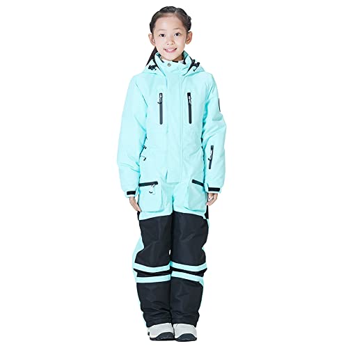 L SERVER Skioverall Kinder Jungen mit Kapuze Winddichte Wasserdichte Skianzug Mädchen Warmer Einteiliger Schneeanzug Atmungsaktiver Schneeoverall, Blau, 146 von L SERVER