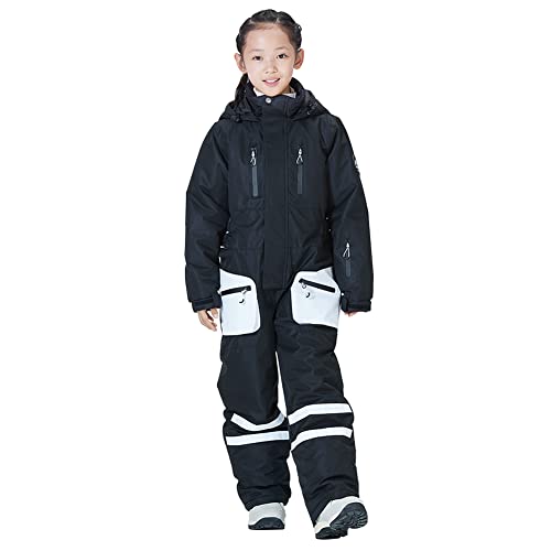 L SERVER Skioverall Kinder Jungen mit Kapuze Winddichte Wasserdichte Skianzug Mädchen Warmer Einteiliger Schneeanzug Atmungsaktiver Schneeoverall, Schwarz, 146 von L SERVER