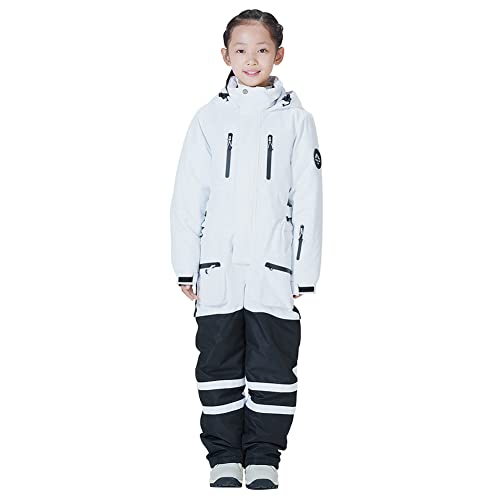 L SERVER Skioverall Kinder Jungen mit Kapuze Winddichte Wasserdichte Skianzug Mädchen Warmer Einteiliger Schneeanzug Atmungsaktiver Schneeoverall, Weiß, 146 von L SERVER