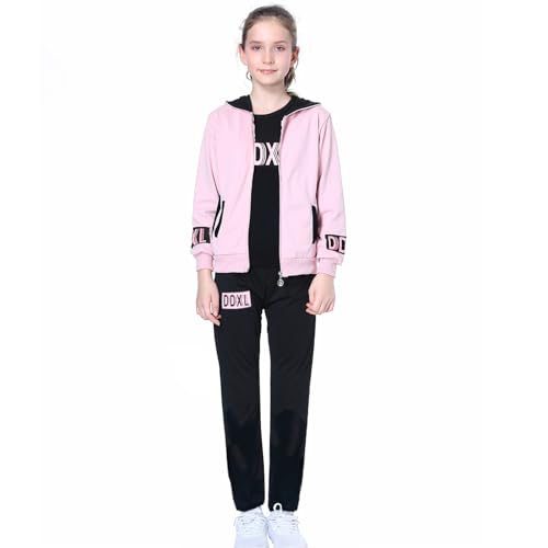 L SERVER Sportanzug Kinder Mädchen mit Kapuze Bedruckte Trainingsanzug 3-teiliges Set Bequeme Jogginganzug Frühling und Herbst Sportbekleidung, Rosa, 122-128 von L SERVER