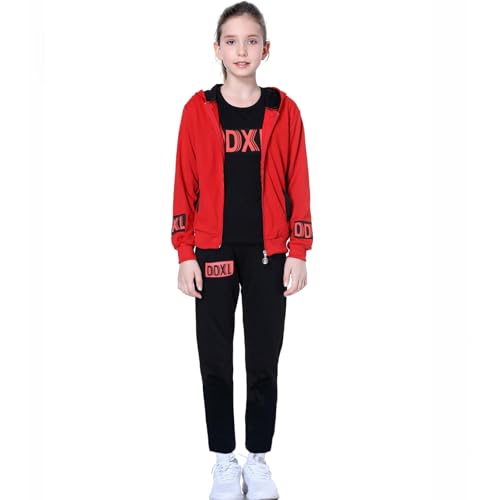 L SERVER Sportanzug Kinder Mädchen mit Kapuze Bedruckte Trainingsanzug 3-teiliges Set Bequeme Jogginganzug Frühling und Herbst Sportbekleidung, Rot, 122-128 von L SERVER