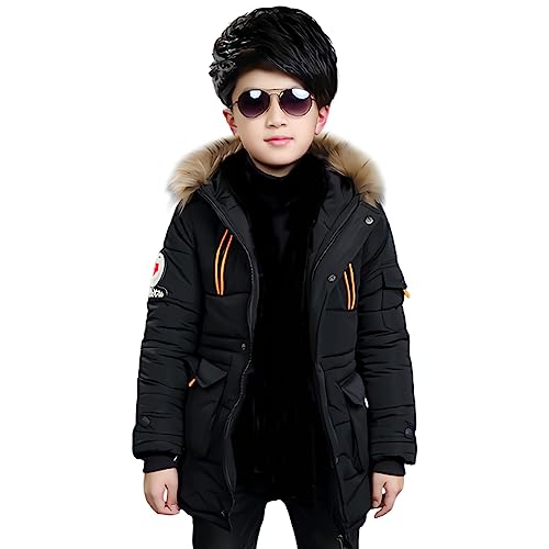 L SERVER Steppjacke Kinder Jungen Warmer Winterjacke Verdickte Winddichte Parka Stylischer Wintermantel mit Fellkragen Kapuze, Schwarz, 122-128 von L SERVER