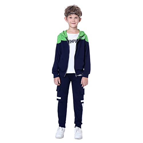 L SERVER Trainingsanzug Kinder Jungen Kapuze Modischer Freizeit Jogginganzug Bequemer Druck Sportjacke + Jogginghose 2 Stück Kinder Frühling Herbst Sportanzug, Grün + Marineblau, 170 von L SERVER