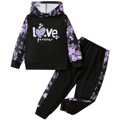 L SERVER Trainingsanzug Mädchen Bedruckte Jogginganzug Kinder Sportanzug mit Kapuze 2er Set Sportbekleidung für Frühling und Herbst, Lila, 134-140 von L SERVER