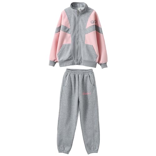 L SERVER Trainingsanzug Mädchen Bequeme Stretch Jogginganzug Kinder Lässige Sportanzug Modische Sportbekleidung für Frühjahr und Herbst, Grau, 134-140 von L SERVER