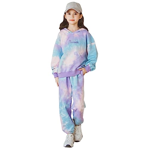 L SERVER Trainingsanzug Mädchen mit Kapuze Sportanzug Kinder Freizeit Jogginganzug Sweatshirt + Jogginghose 2-teiliges Stylischer Sportbekleidung, Violett-Blau, 134-140 von L SERVER