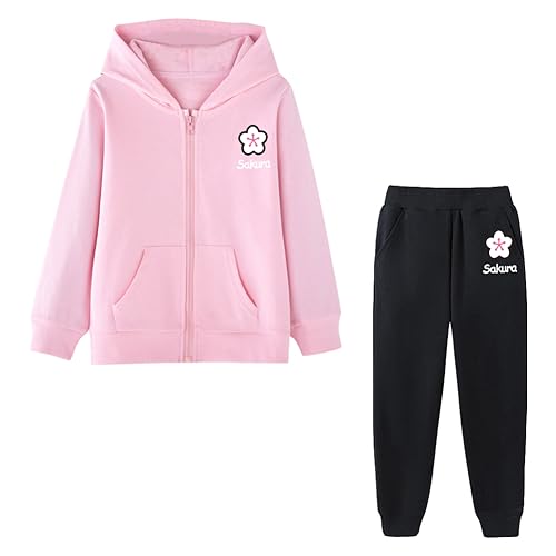 L SERVER Trainingsanzug Mädchen mit Kapuze Stylische Jogginganzug Kinder Reißverschluss Sweatshirt + Jogginghose 2er-Set Frühling und Herbst Sportanzug, Rosa A + Schwarz A, 122-128 von L SERVER