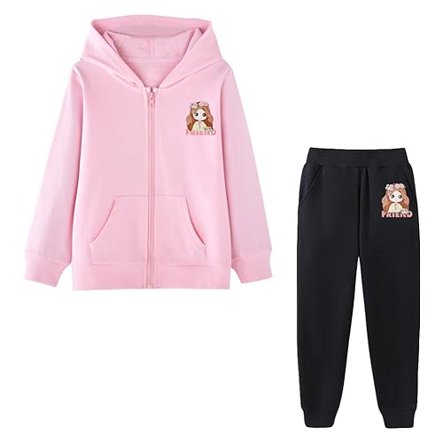 L SERVER Trainingsanzug Mädchen mit Kapuze Stylische Jogginganzug Kinder Reißverschluss Sweatshirt + Jogginghose 2er-Set Frühling und Herbst Sportanzug, Rosa B + Schwarz B, 134-140 von L SERVER