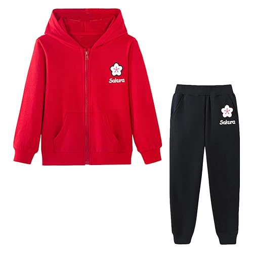 L SERVER Trainingsanzug Mädchen mit Kapuze Stylische Jogginganzug Kinder Reißverschluss Sweatshirt + Jogginghose 2er-Set Frühling und Herbst Sportanzug, Rot A + Schwarz A, 104-110 von L SERVER