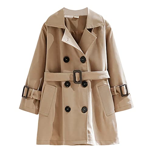 L SERVER Übergangsjacke Mädchen Stilvolle Revers Windjacke Kinder Zweireihiger Trenchcoat Winddichter Mantel für Frühling und Herbst, Khaki B, 150 von L SERVER