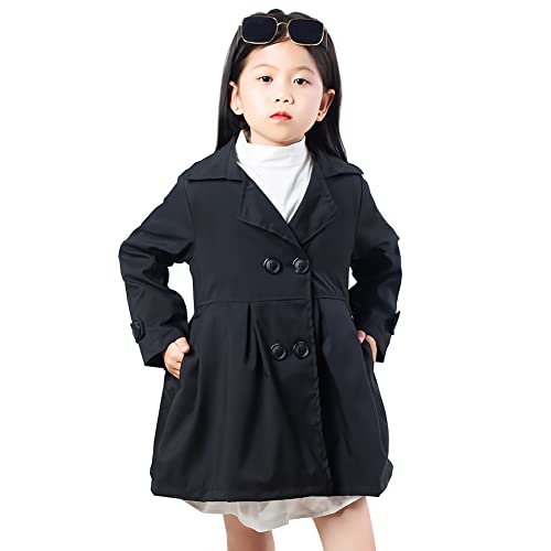 L SERVER Windjacke Mädchen Stilvoller Zweireiher Übergangsjacke Kinder Revers Trenchcoat Winddichter Mantel für Frühjahr und Herbst, Schwarz, 140 von L SERVER