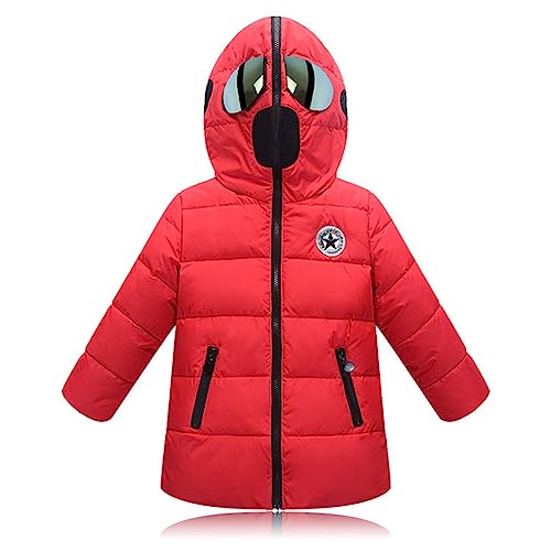 L SERVER Winterjacke Kinder Jungen Warmer Winddichter Steppjacke Mädchen Cartoon Parka mit Brille Stylischer Wintermantel, Rot, 134-140 von L SERVER