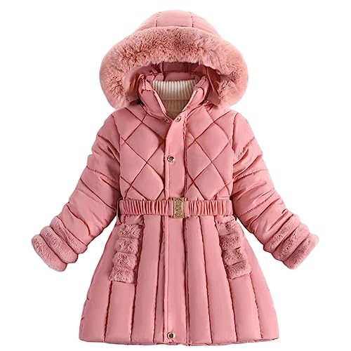 L SERVER Winterjacke Kinder Mädchen mit Fellkragen Kapuze Fleece Warmer Steppjacke Verdickte Winddichte Parka Stylischer Wintermantel, Rosa, 134-140 von L SERVER