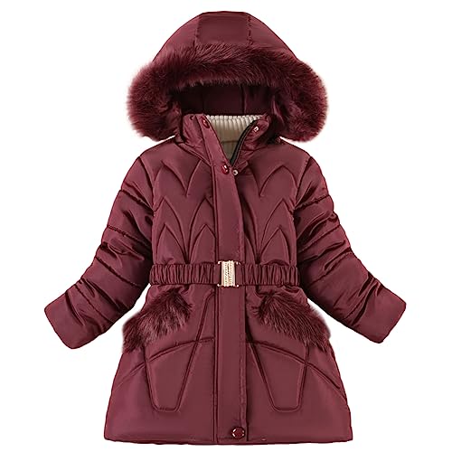 L SERVER Winterjacke Mädchen mit Fellkapuze Winddichter Warmer Steppjacke Verdickter Fleece Wintermantel für Kinder, Dunkelrot, 146 von L SERVER