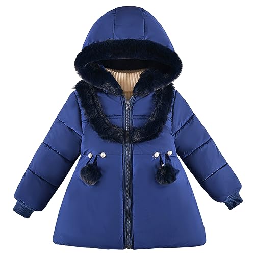 L SERVER Winterjacke Mädchen mit Fellkragenkapuze Fleece Dicker Steppjacke Kinder Stylische Warme Parka Outdoor Winddichter Wintermantel, Marineblau, 116 von L SERVER