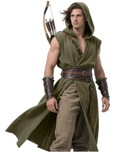 L'VOW Herren Mittelalter Kapuzenmantel Renaissance Tabard Ärmellos Tunika Umhang Wikinger Kostüm Holloween Assassin Cosplay, Grün (Army Green), Large von L'VOW