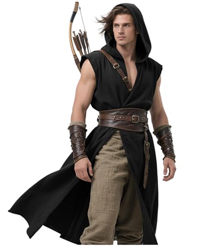L'VOW Herren Mittelalter Kapuzenmantel Renaissance Tabard Ärmellos Tunika Umhang Wikinger Kostüm Holloween Assassin Cosplay, Schwarz, Medium von L'VOW