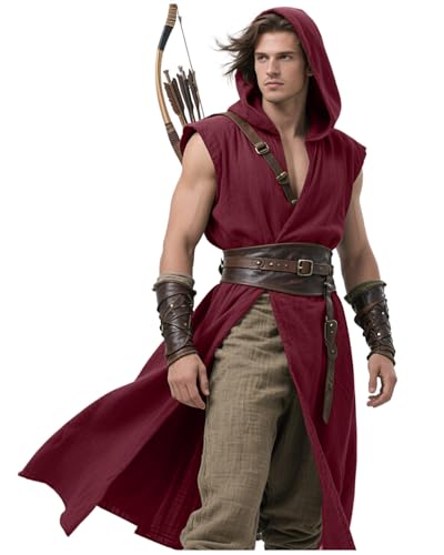 L'VOW Renaissance Kapuzen-Tunika Herren Mittelalter Weste Umhang für Wikinger Kostüm Halloween Cosplay, Burgunder, Large von L'VOW