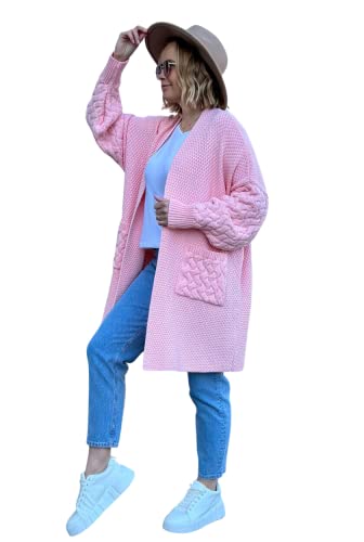 L-secret* Damen Cardigan Strickjacke Pullover Oversize Langarm Strickmantel Taschen NEU (Rosa) von L-secret