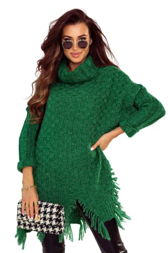 L-secret* Damen Pullover Poncho Strickpulli Oversize Fransen Pulli Überwurf Strickpullover (Grün) von L-secret