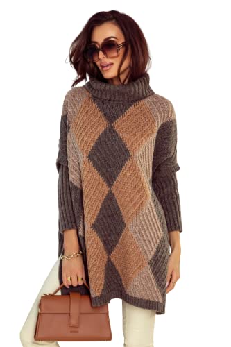 L-secret* Damen Pullover Poncho Strickpulli Oversize Geometrisch Pulli Überwurf Strickpullover (Braun) von L-secret