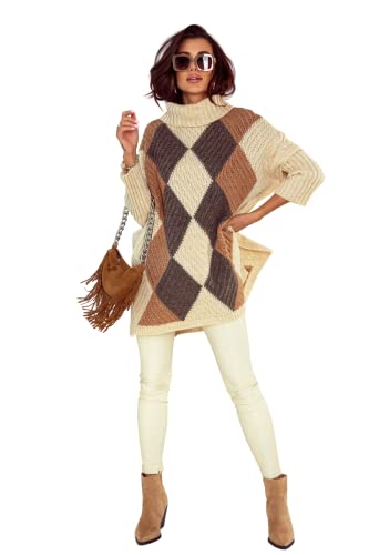 L-secret* Damen Pullover Poncho Strickpulli Oversize Geometrisch Pulli Überwurf Strickpullover (Creme) von L-secret