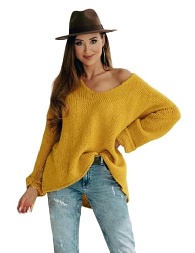 L-secret* Damen Pullover Shirt Strickpulli Oversize Pulli Strickpullover (Senf) von L-secret