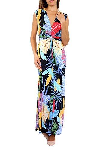 L & A Damen Maxi Sommerkleid Strandkleid lang Freizeitkleid mit Blumenmuster Sommer Kleid lang mit V-Ausschnit ohne Ärmel von L & A