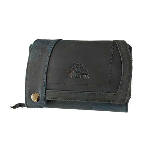 L & B Buffalo Hill Geldbörse Büffelleder Portemonnaie, Kartenetui mit RFID-Schutz >BH-2679<, eleganter Damen Geldbeutel mit 12 Kartenfächern (Blau) von L & B