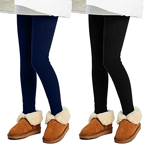 L&K-II 2er Pack Thermoleggings Mädchen Winter Leggings für Kinder Dicke Baumwolle mit Fleece gefütterte Kinder Hose 4610 Schwarz+Marineblau 134-140 von L&K-II