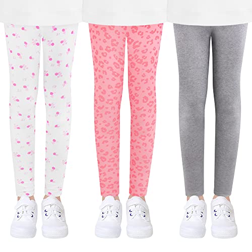 L&K-II 3er Pack Kinder Leggings Mädchen Tanzhosen Baby Leggings Turnhosen Baumwolle Grau Leopardenmuster Blume 4539-D-110/116 von L&K-II