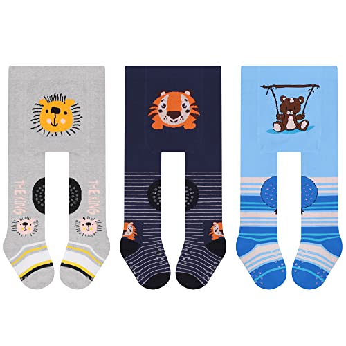 L&K-II 3er Pack Krabbelstrumpfhose Baby Mädchen Jungen Strumpfhose mit ABS Sohle Anti Rutsch Noppen Auto Flugzeug Löwe Motiv 2731B 92-98 von L&K-II